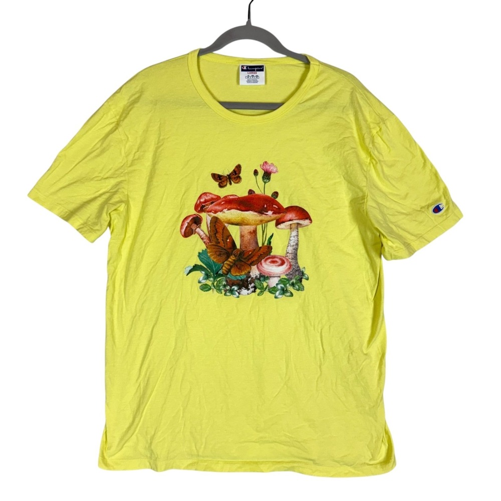 Champion Shirt Mens Large Yellow Mushroom Butterfly Graphic Tee Nature Print